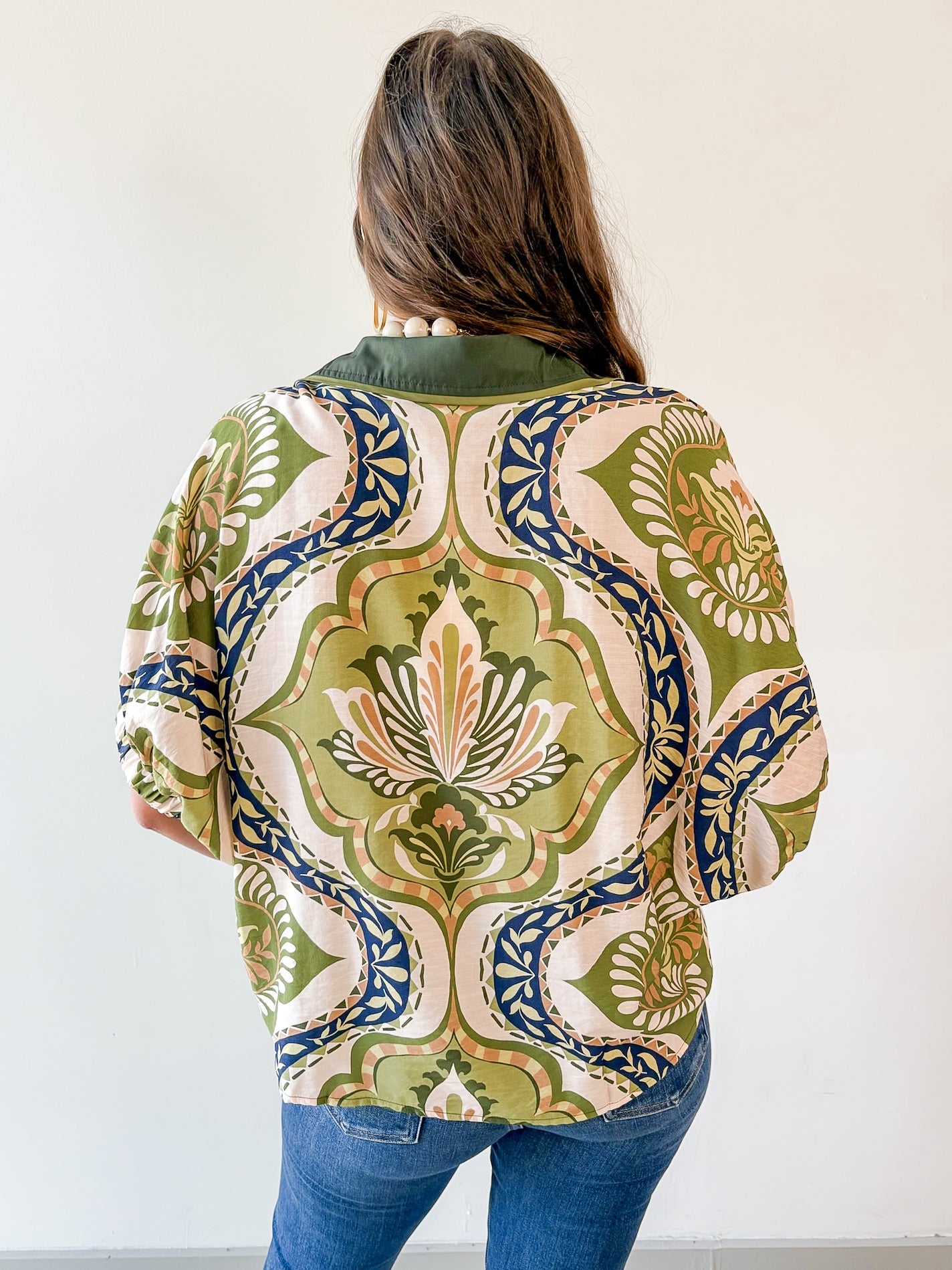Floral Print Drop Sleeve Top - Olive