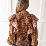 Floral Print Flutter Top - Brown