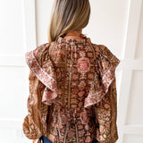 Floral Print Flutter Top - Brown