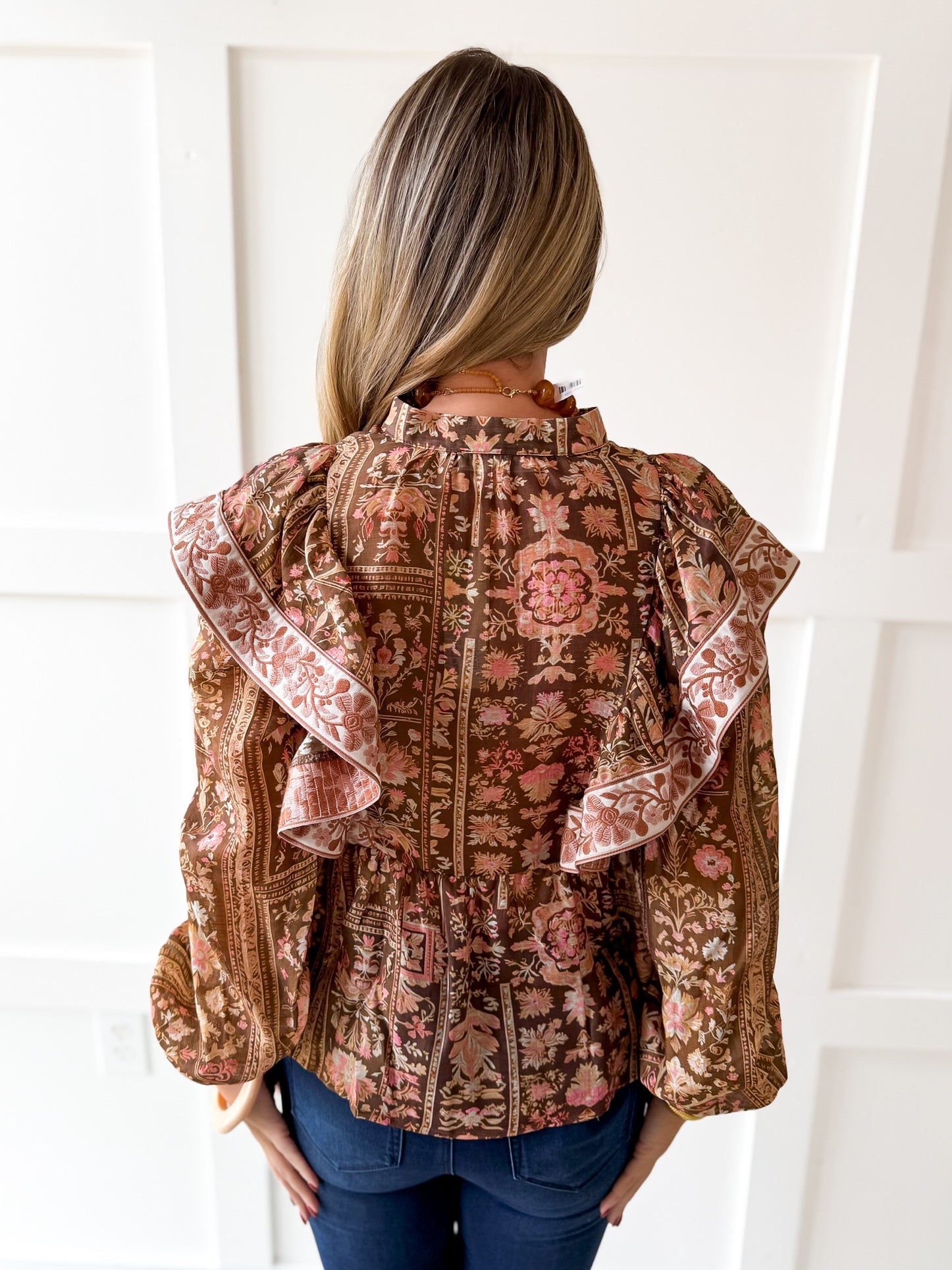 Floral Print Flutter Top - Brown