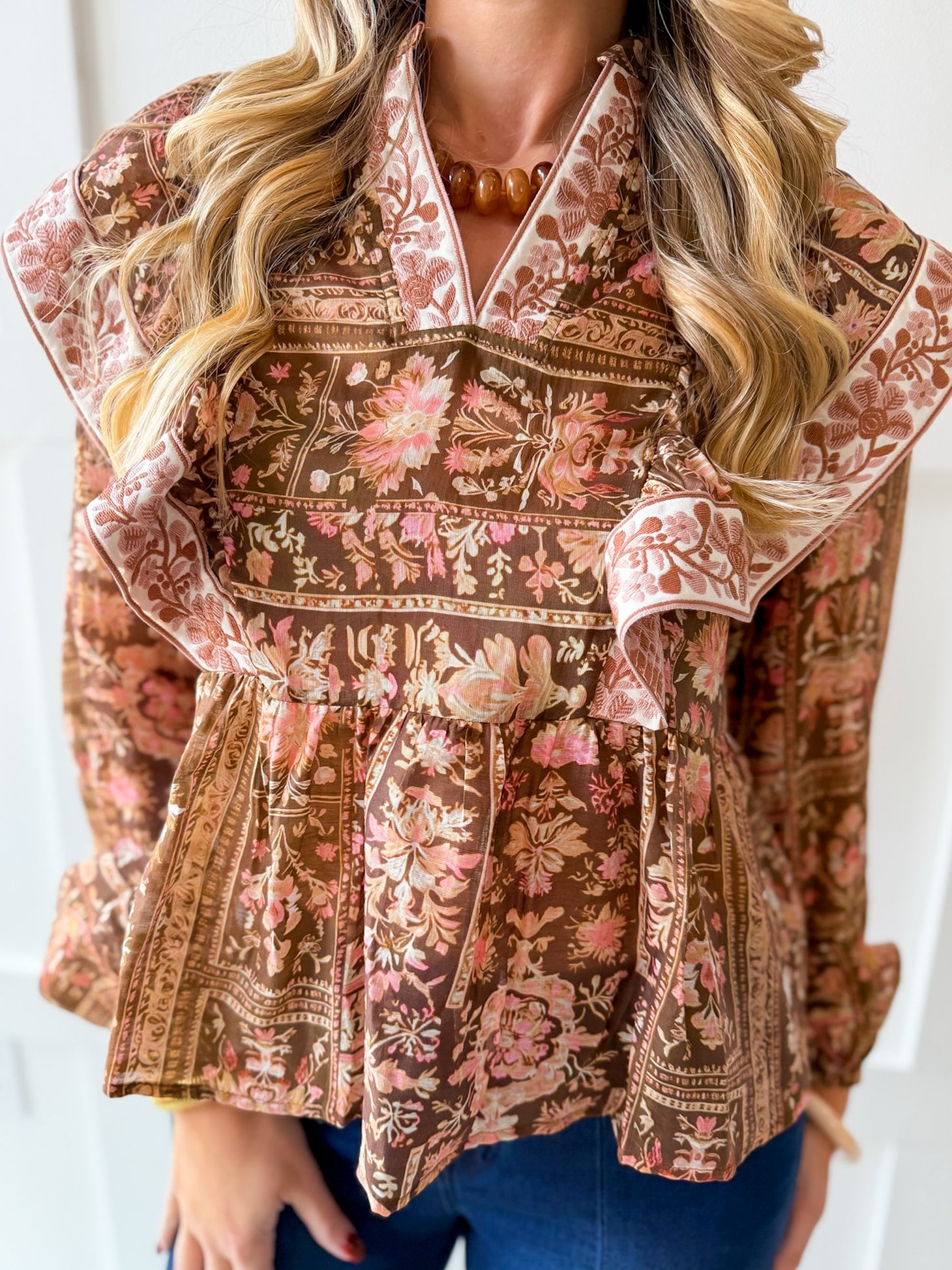 Floral Print Flutter Top - Brown