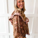 Floral Print Flutter Top - Brown