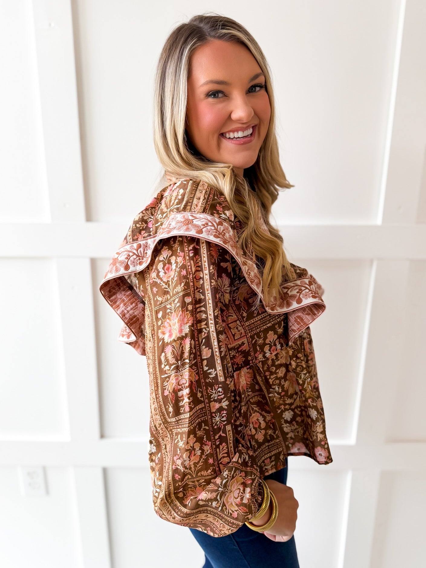 Floral Print Flutter Top - Brown