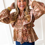 Floral Print Flutter Top - Brown