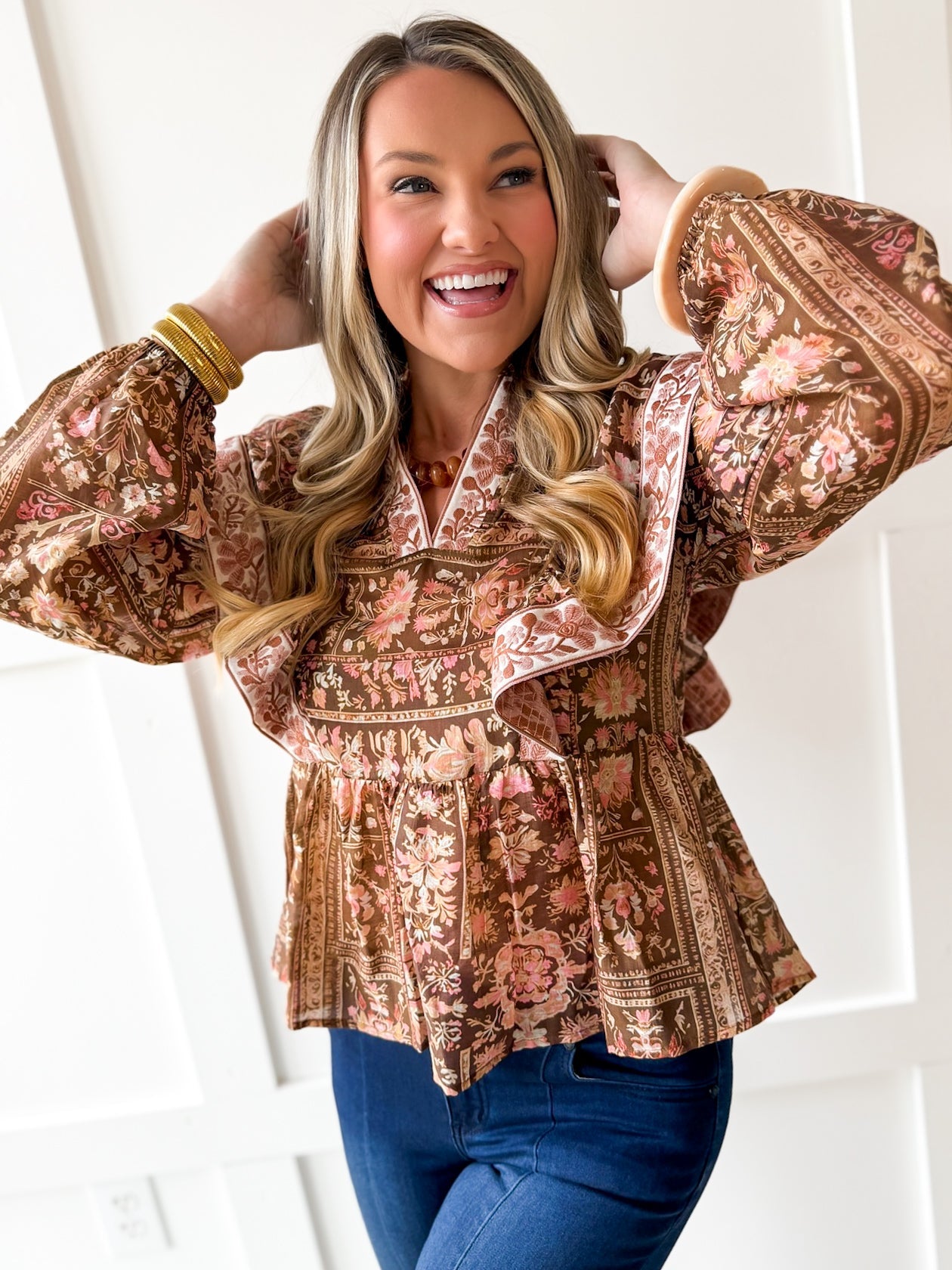 Floral Print Flutter Top - Brown