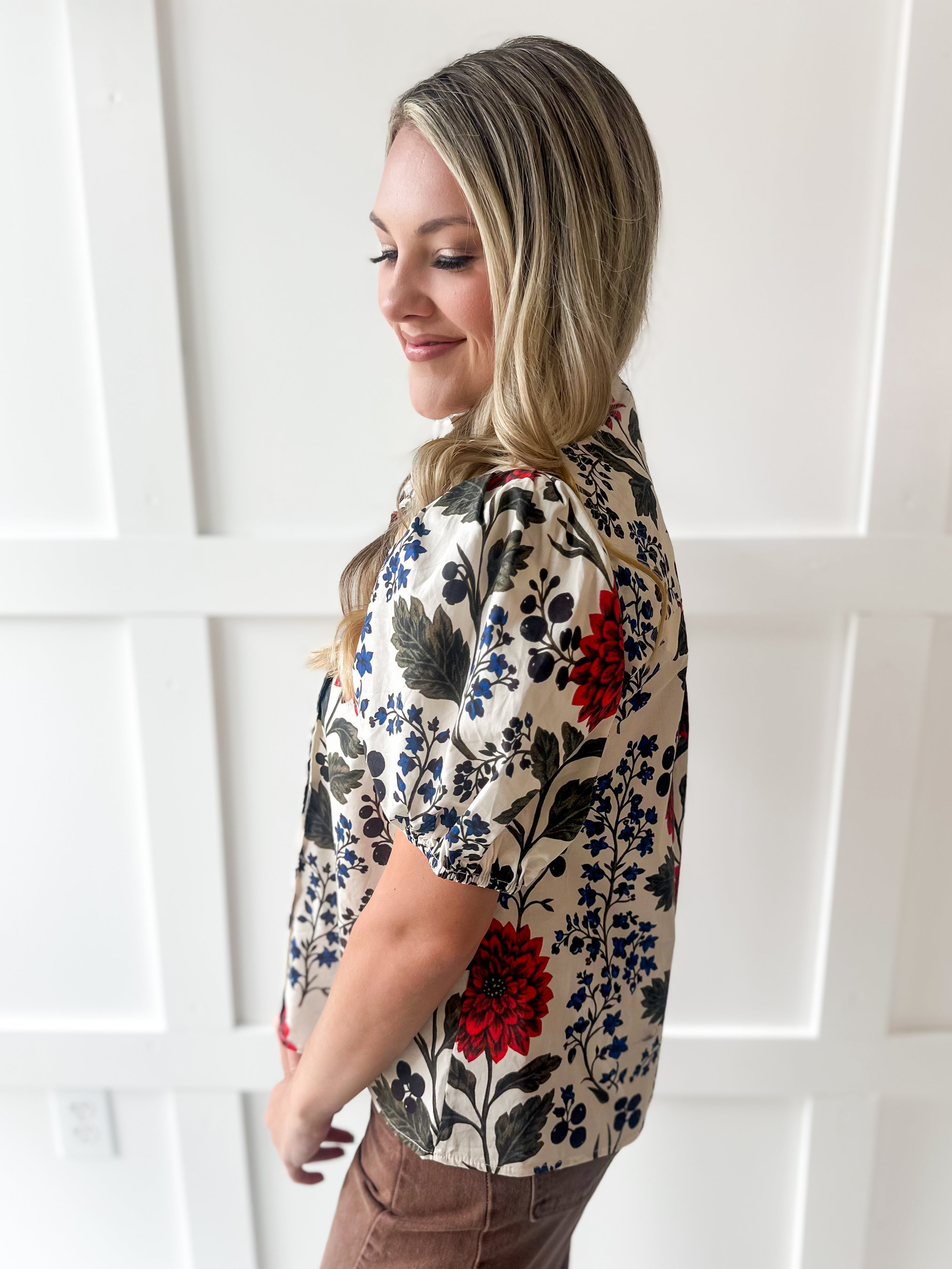 Floral Print High Neck top - Ecru