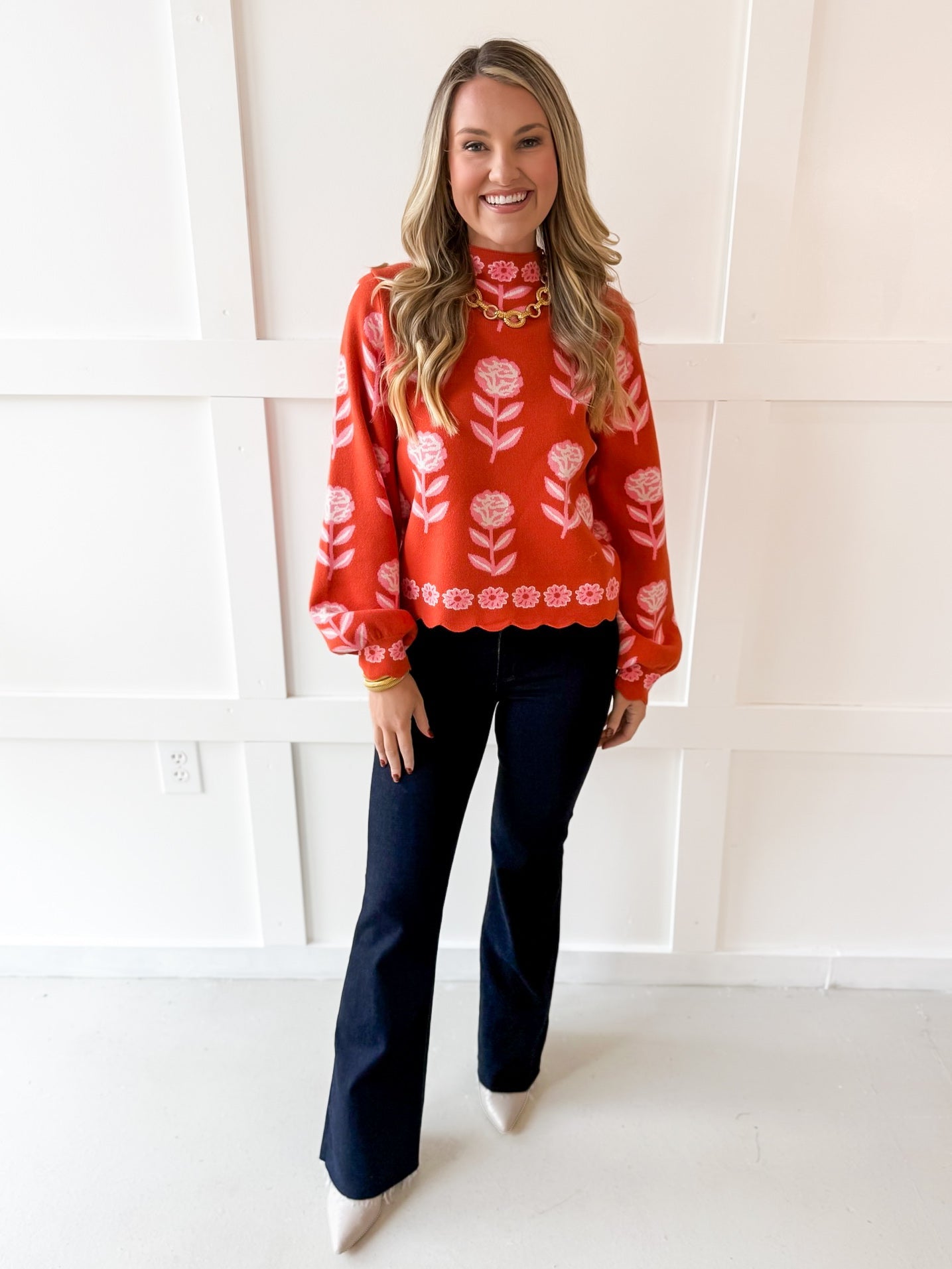 Floral Print Mock Neck Sweater
