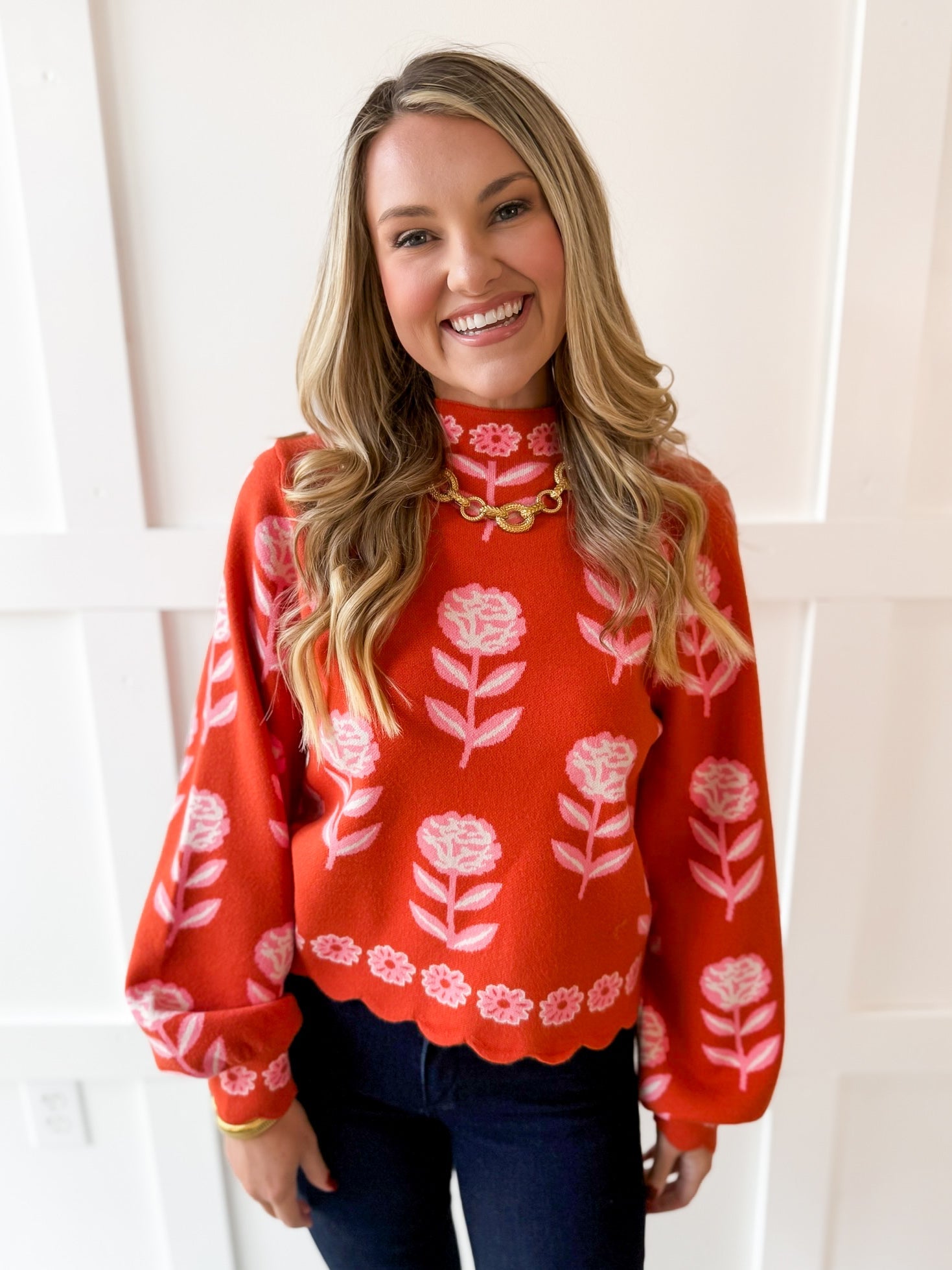 Floral Print Mock Neck Sweater
