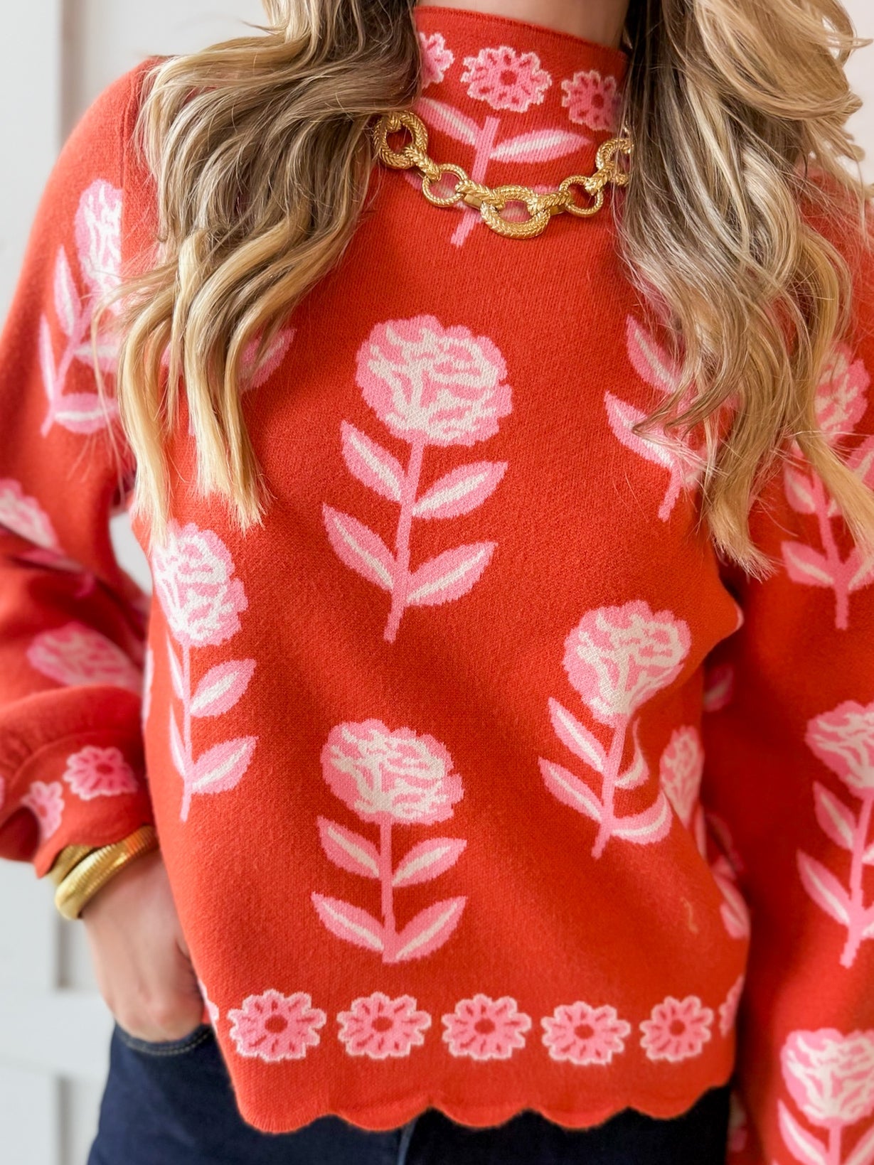 Floral Print Mock Neck Sweater
