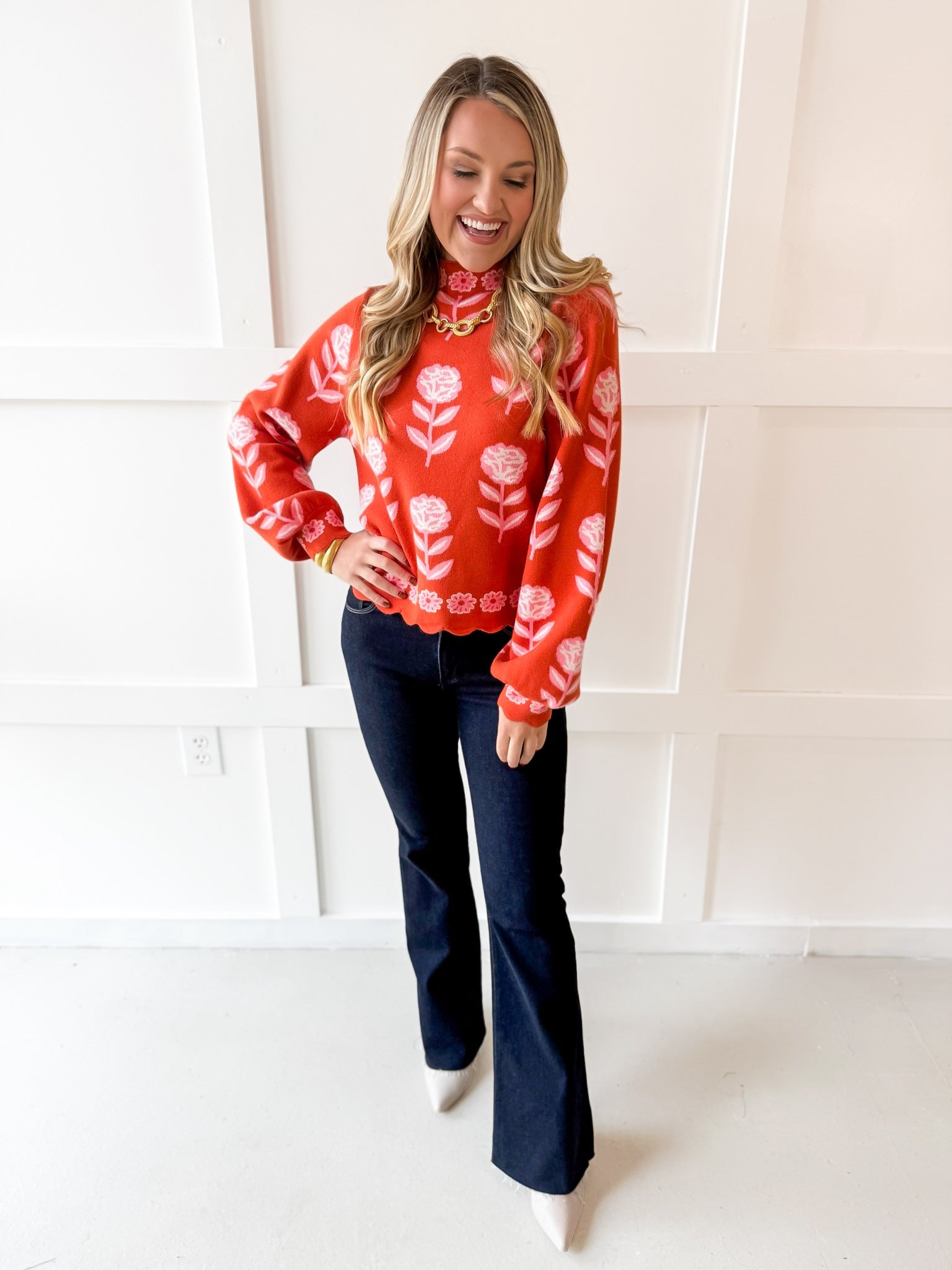 Floral Print Mock Neck Sweater
