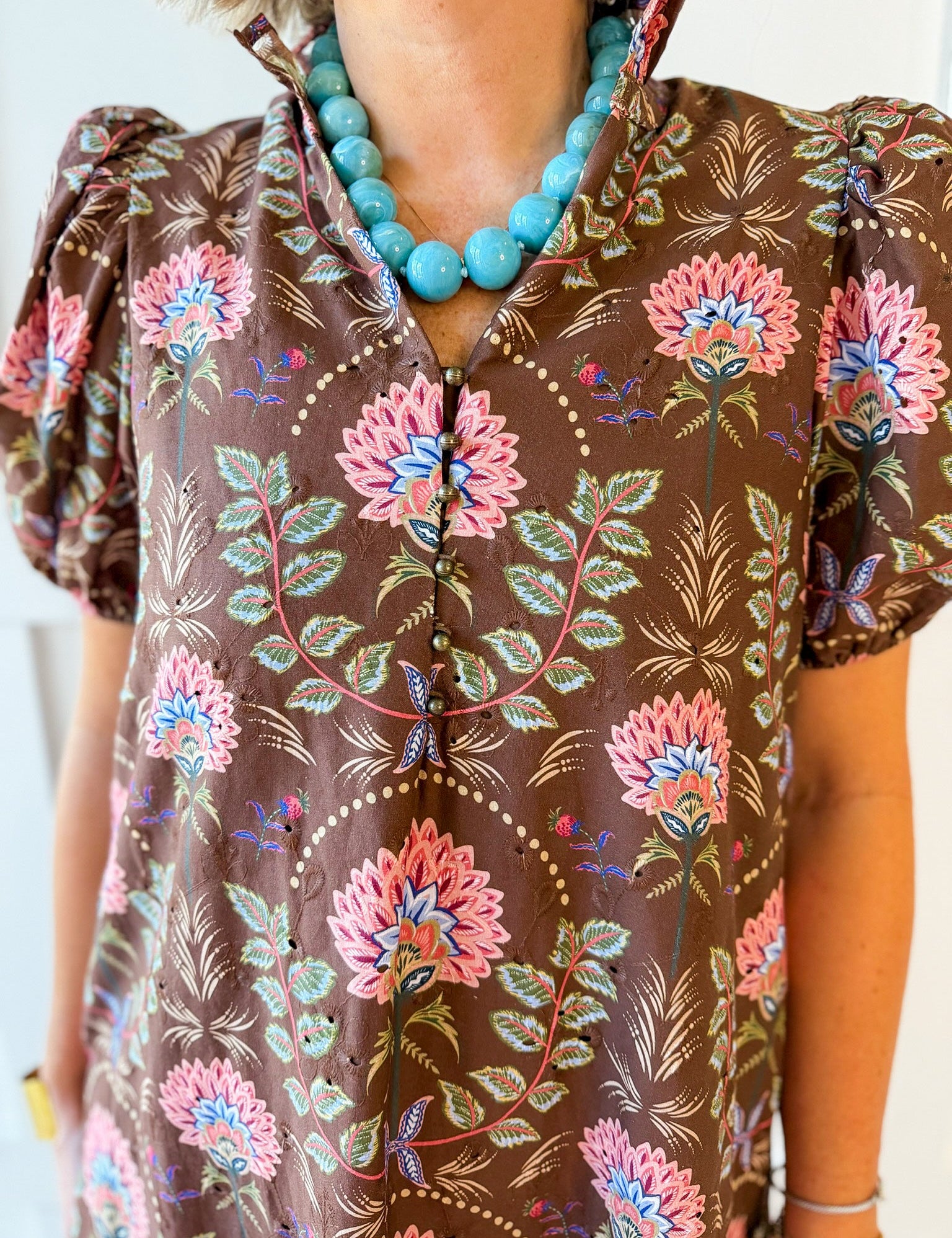 Floral Print Pleated Shirt Dress - Brown