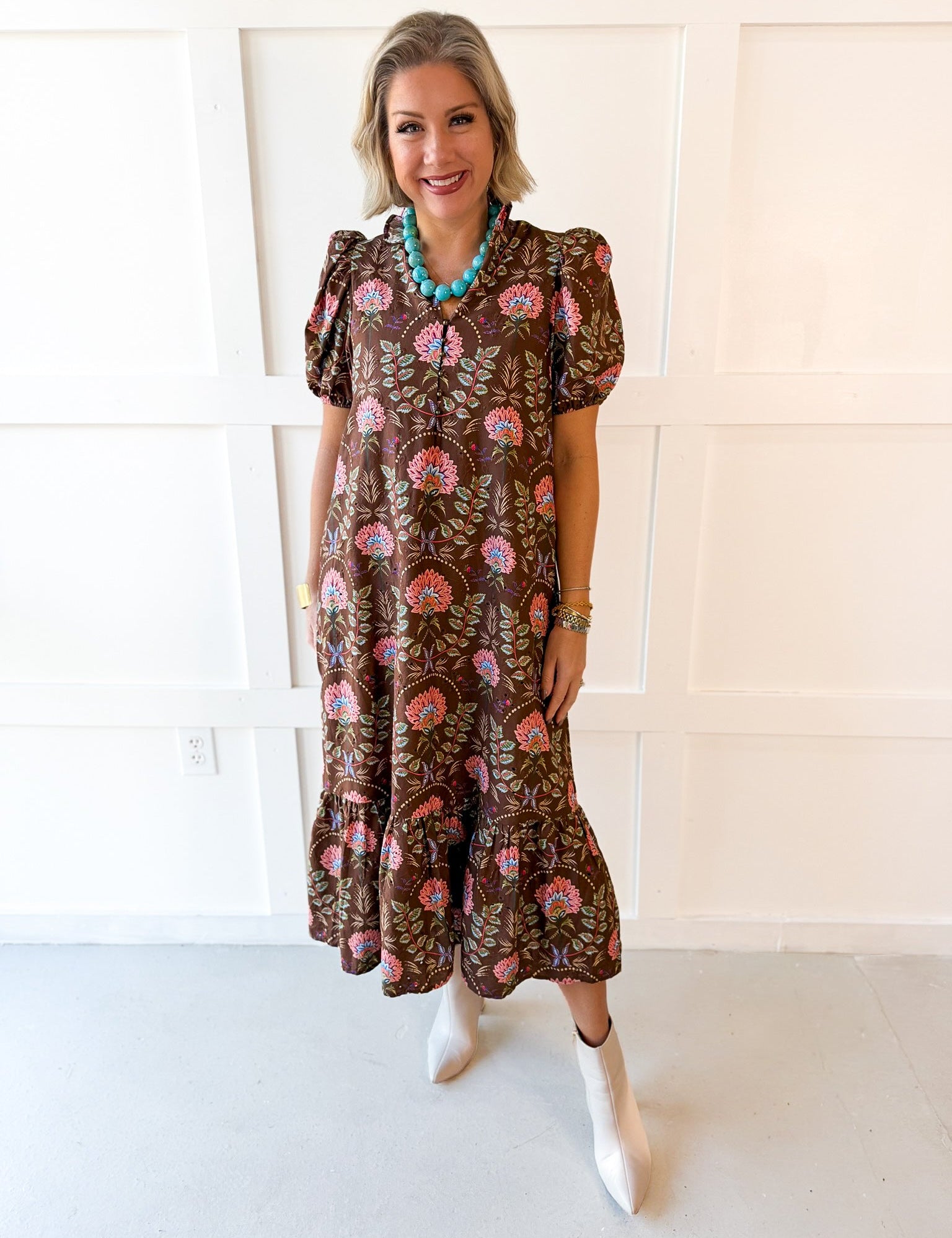 Floral Print Pleated Shirt Dress - Brown