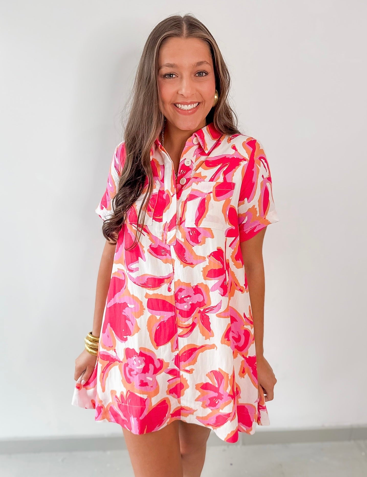 Floral Print Pockets Shirt Mini Dress