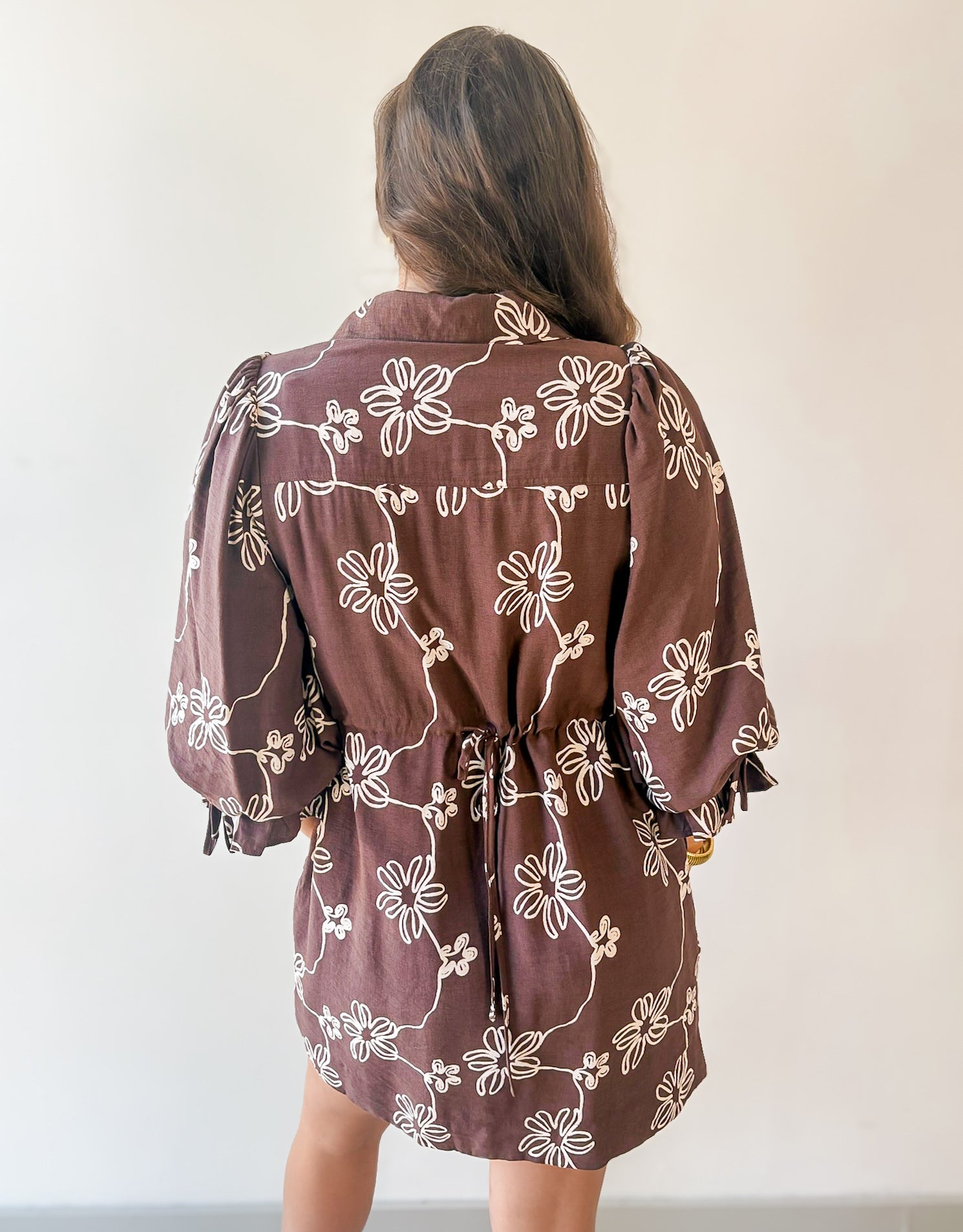 Floral Print Puff Sleeve Dress- Brown