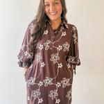 Floral Print Puff Sleeve Dress- Brown