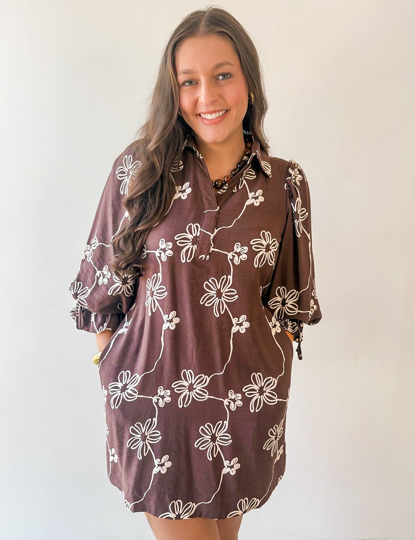 Floral Print Puff Sleeve Dress- Brown