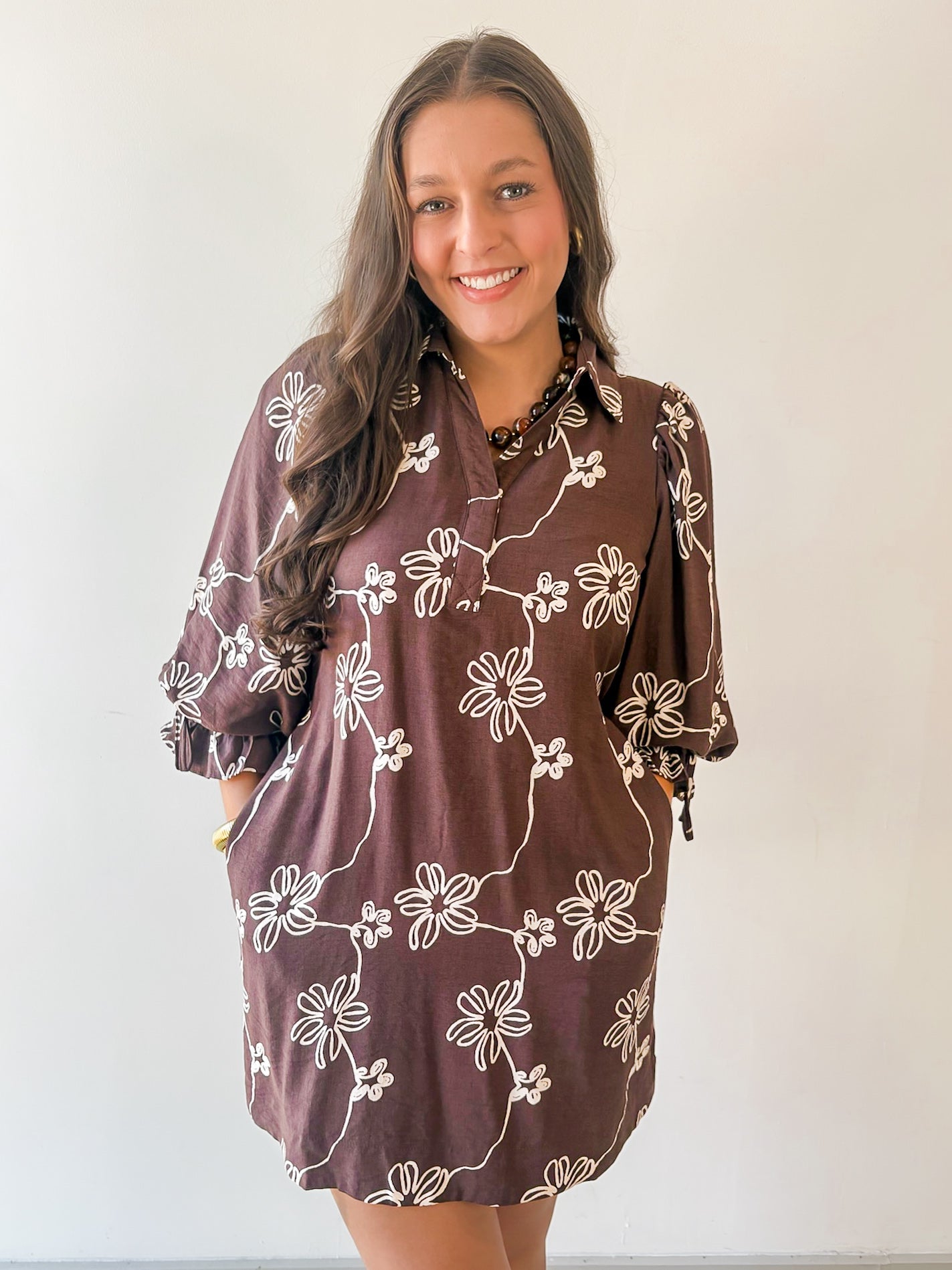 Floral Print Puff Sleeve Dress- Brown