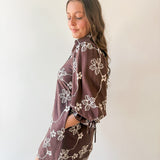 Floral Print Puff Sleeve Dress- Brown