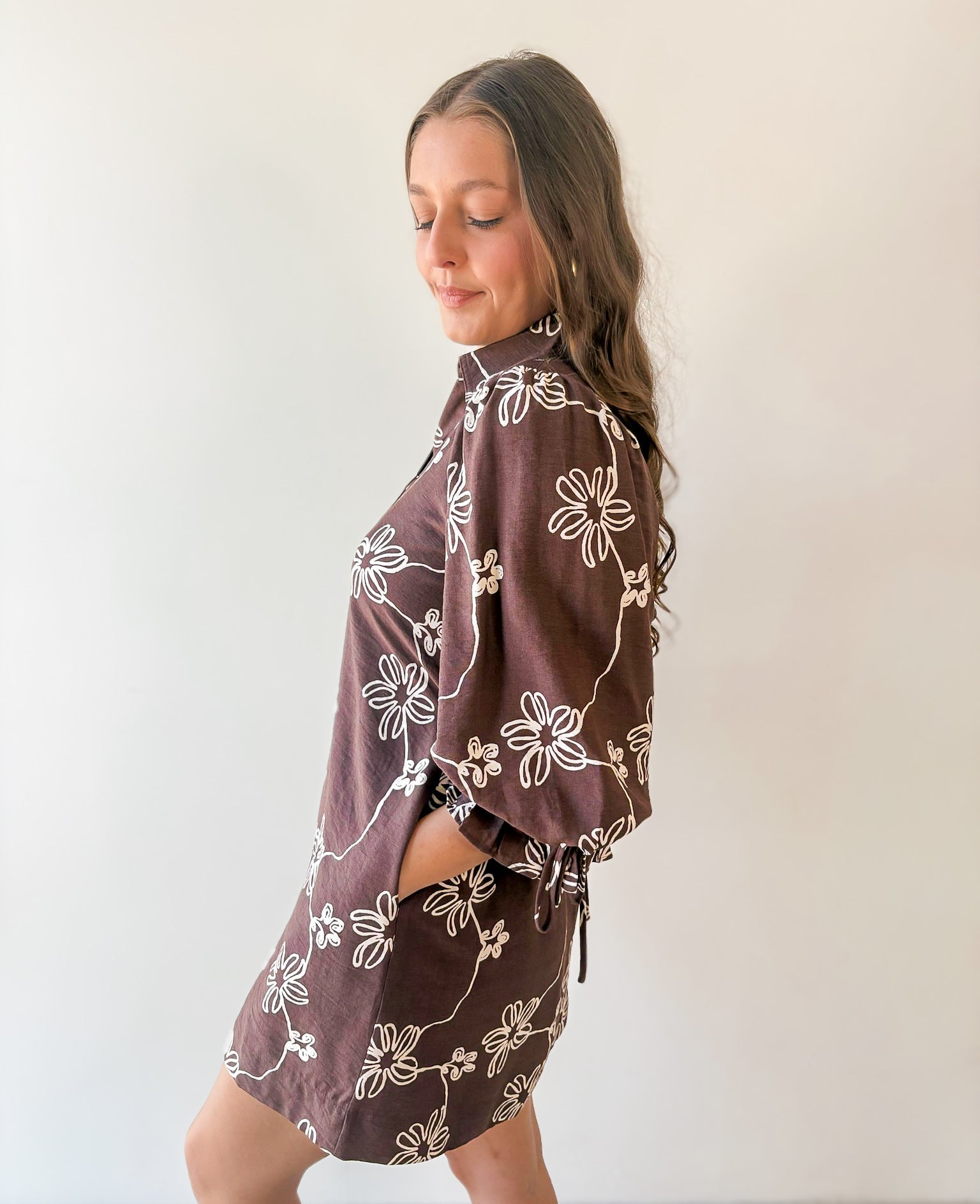 Floral Print Puff Sleeve Dress- Brown
