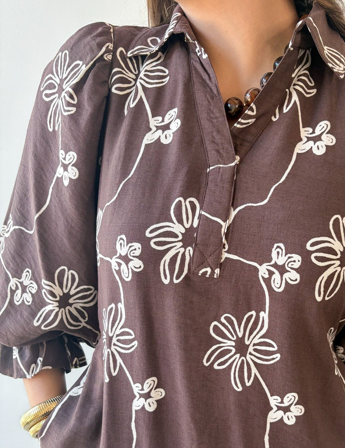 Floral Print Puff Sleeve Dress- Brown