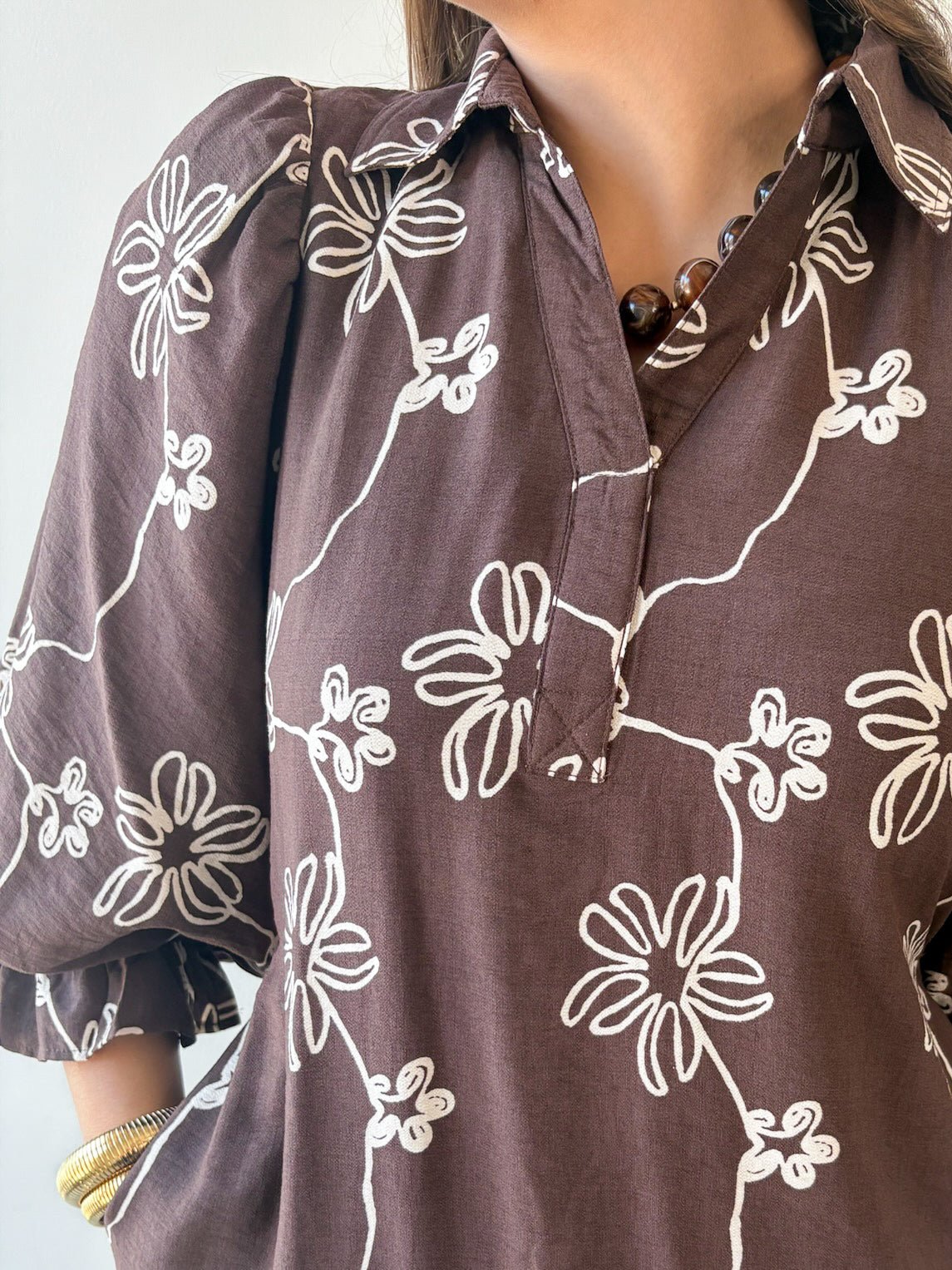 Floral Print Puff Sleeve Dress- Brown