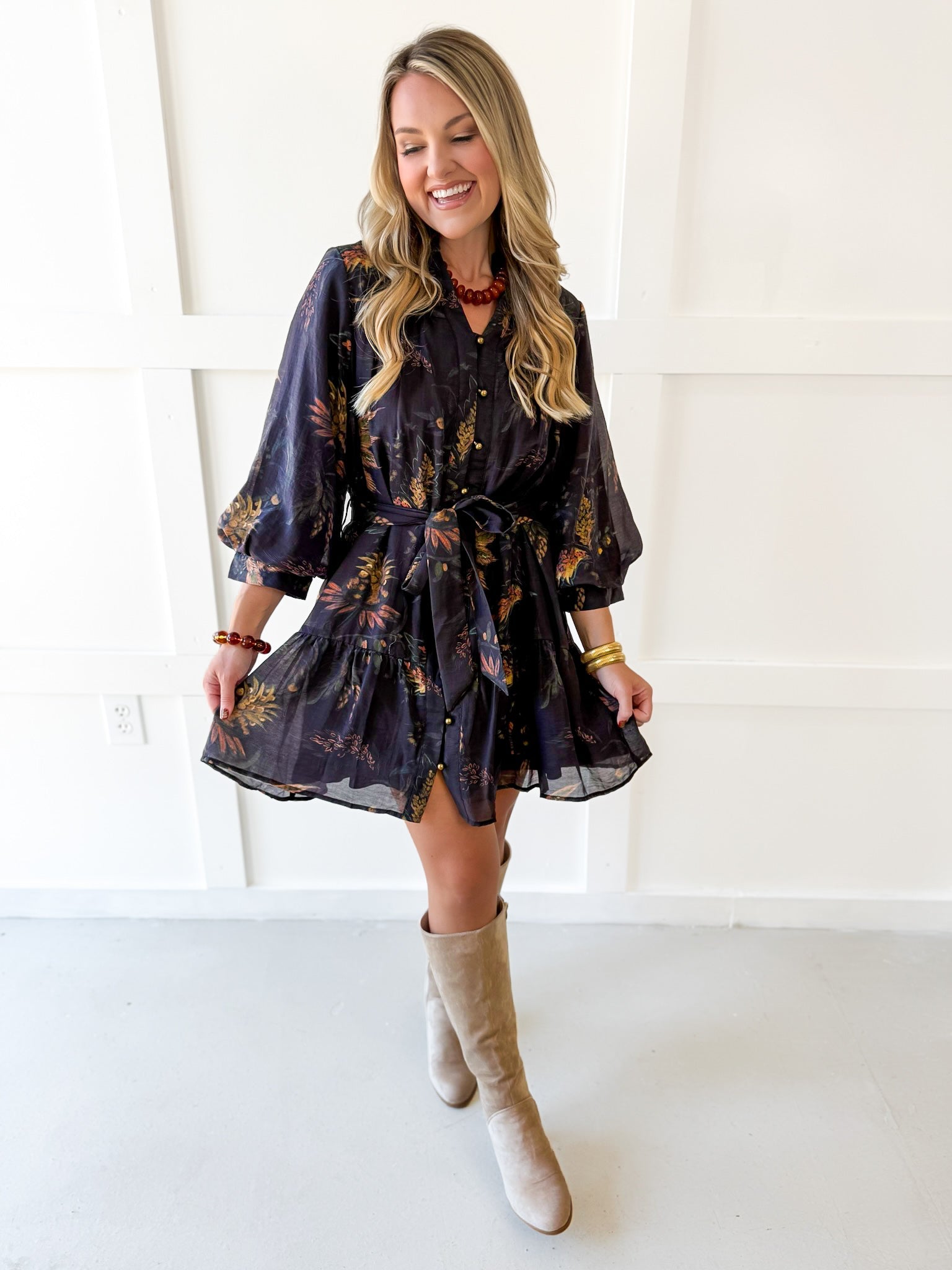 Floral Print Self Tie Dress - Coco Camel