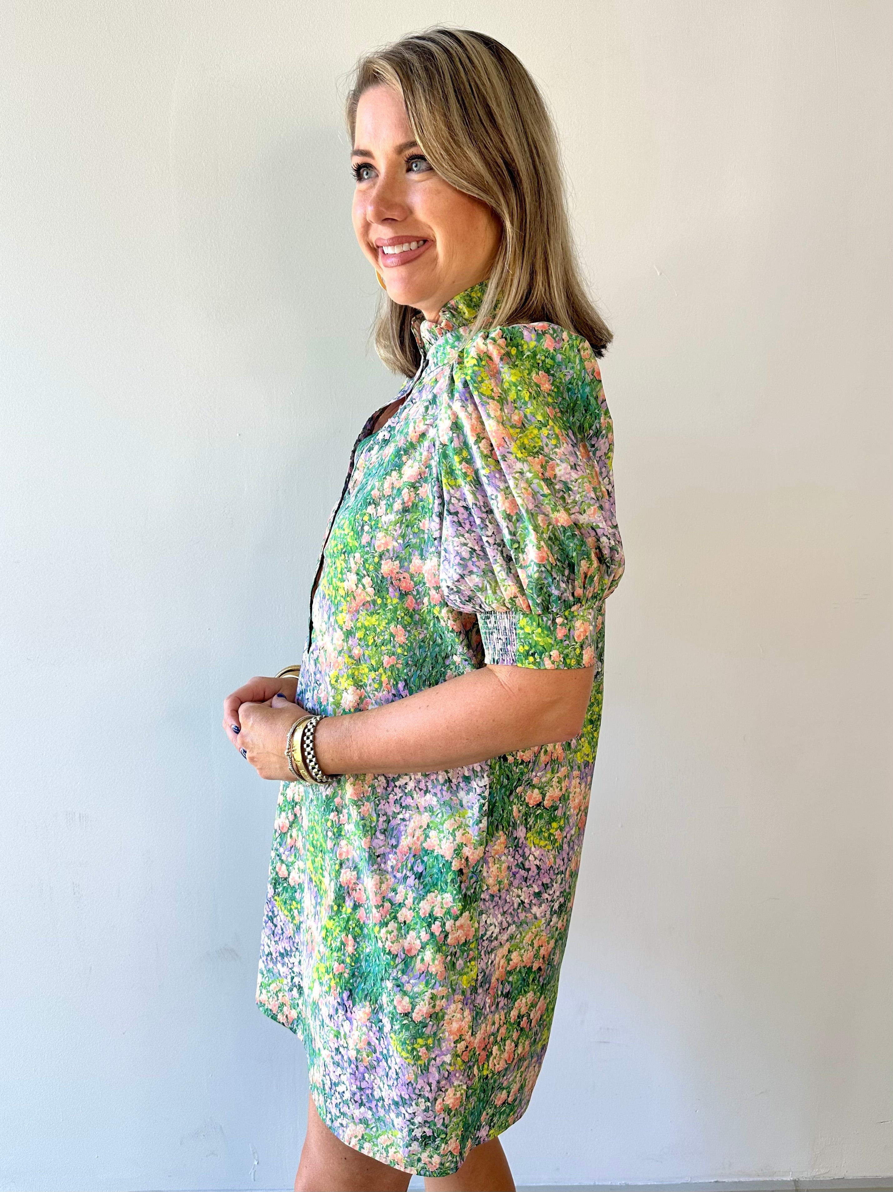 Floral print short puff sleeve mini dress