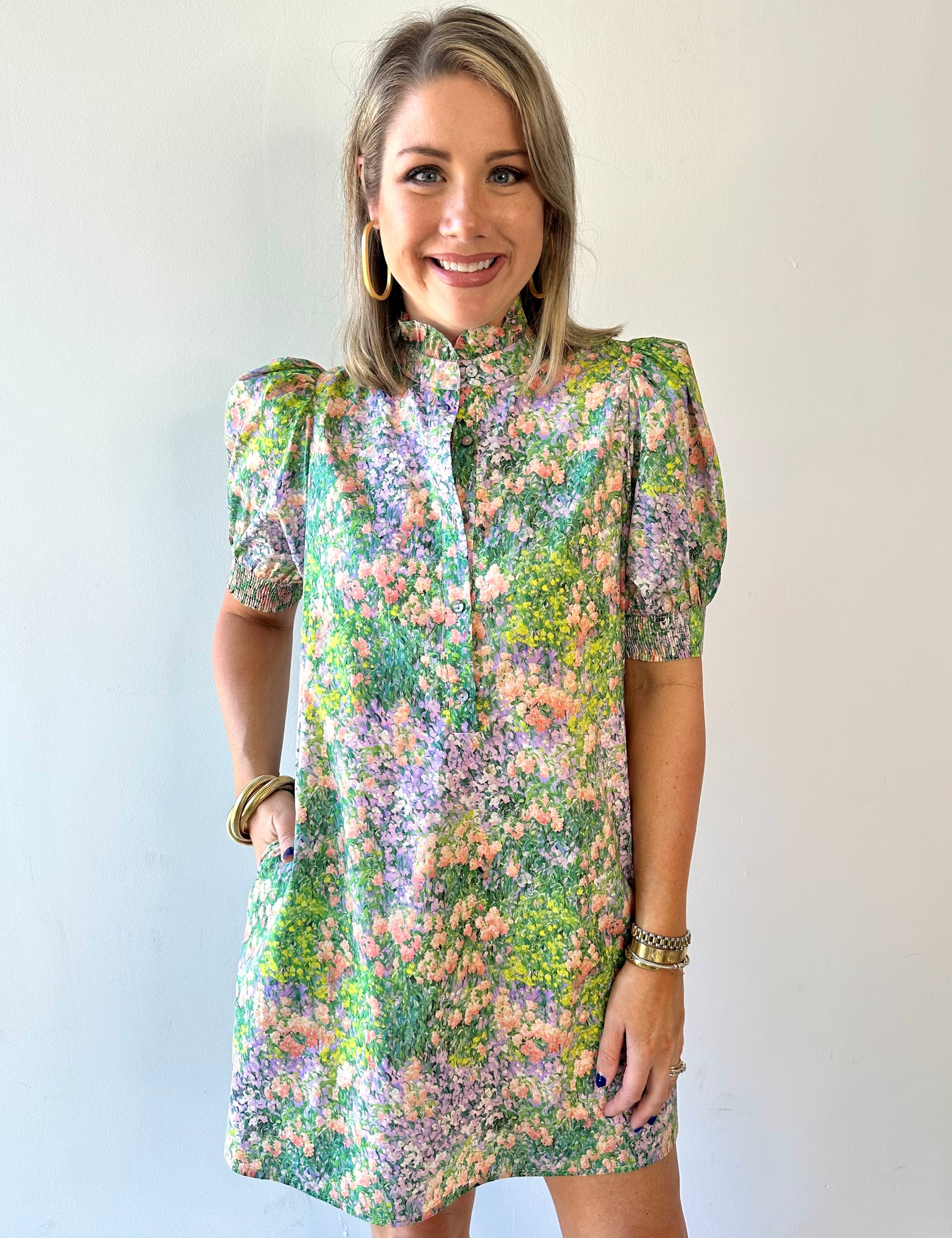 Floral print short puff sleeve mini dress