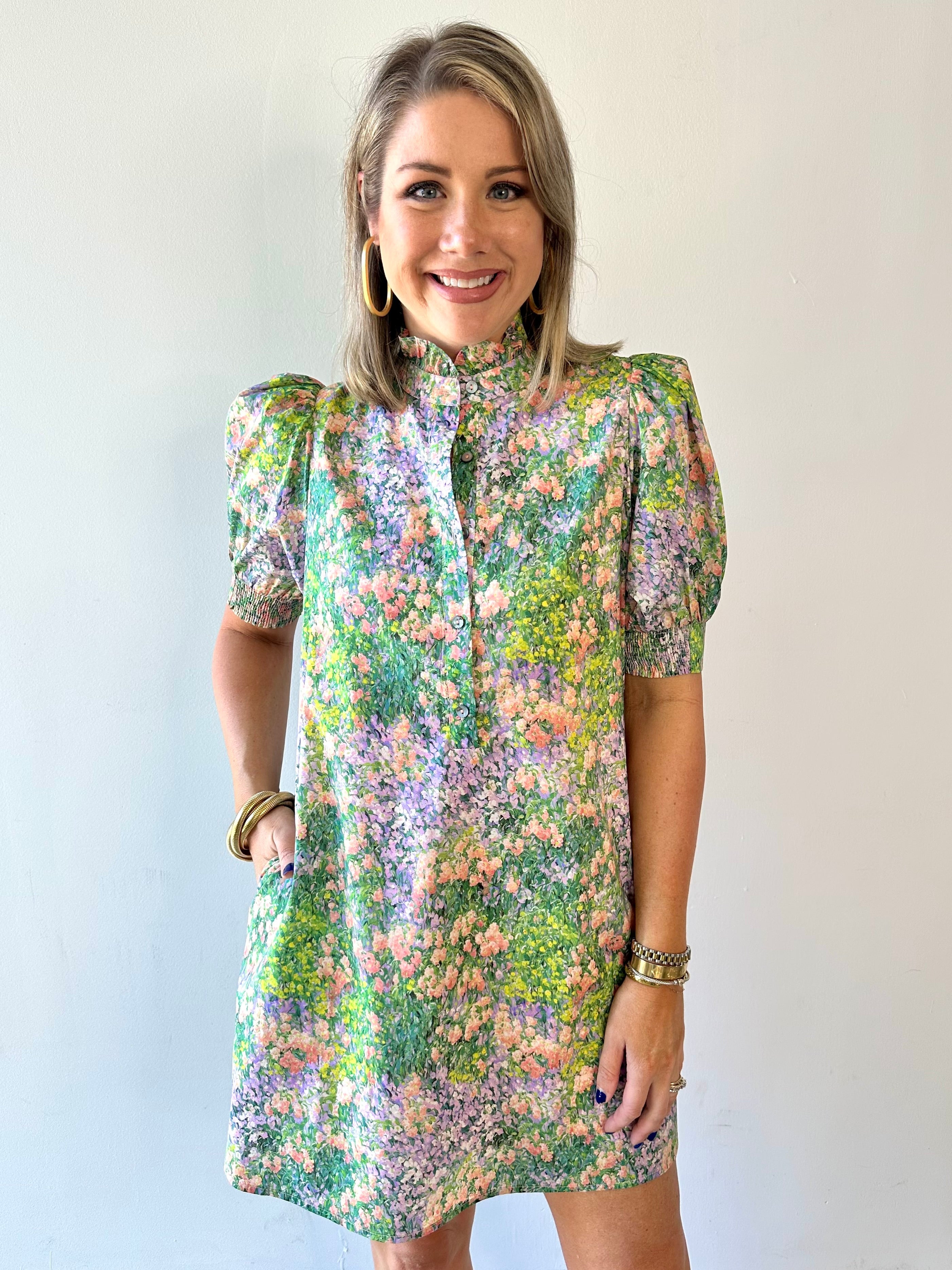 Floral print short puff sleeve mini dress