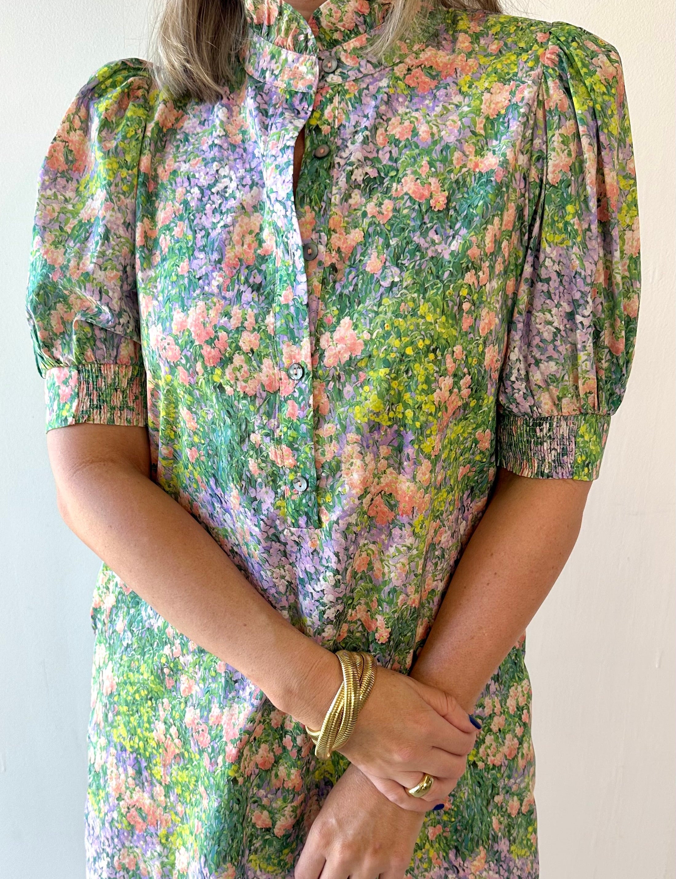 Floral print short puff sleeve mini dress