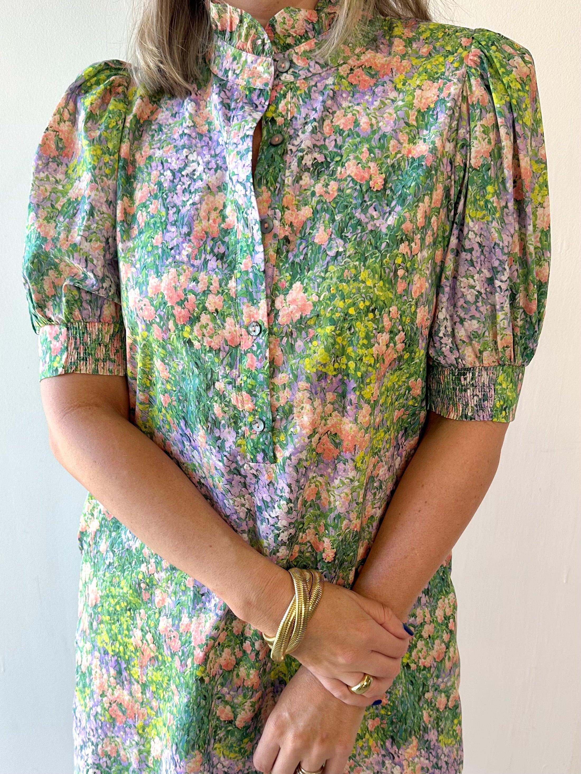 Floral print short puff sleeve mini dress