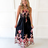 Floral Print Smocked Maxi Dress- Black