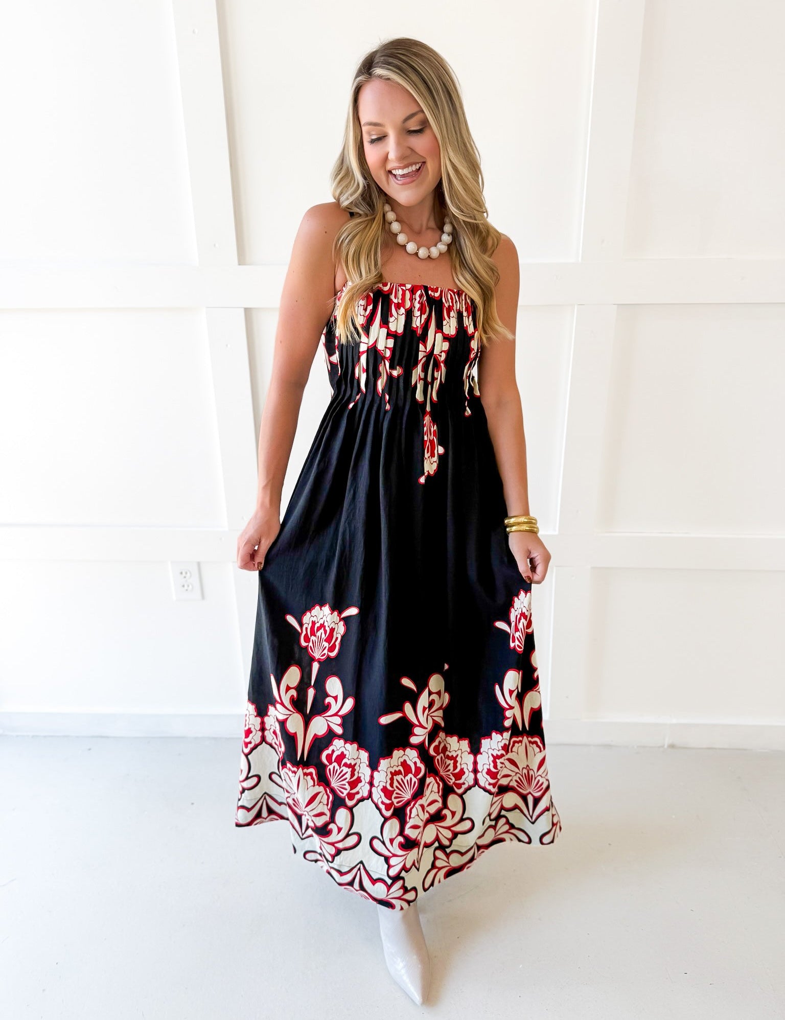 Floral Print Smocked Maxi Dress- Black