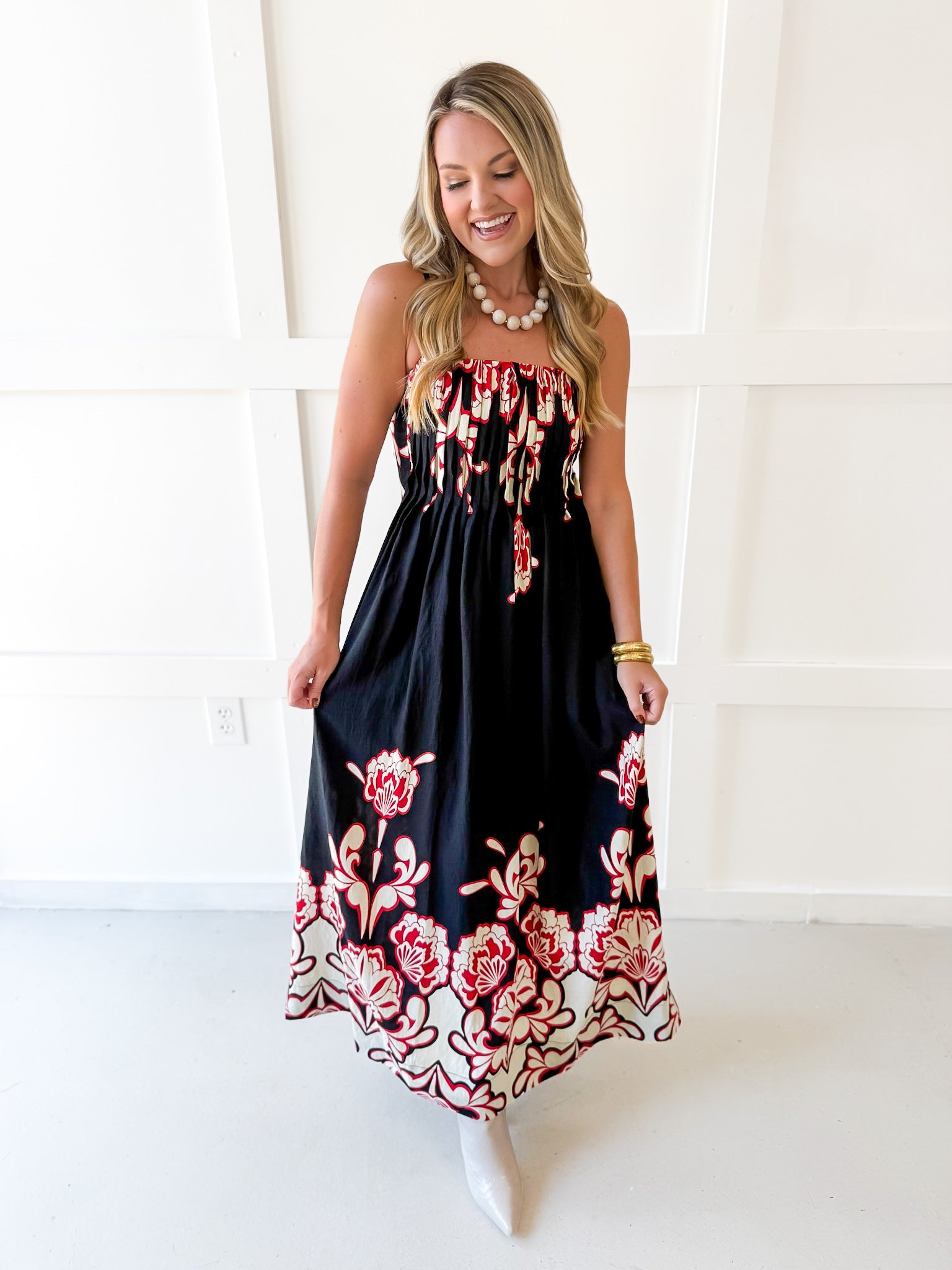Floral Print Smocked Maxi Dress- Black