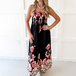 Floral Print Smocked Maxi Dress- Black