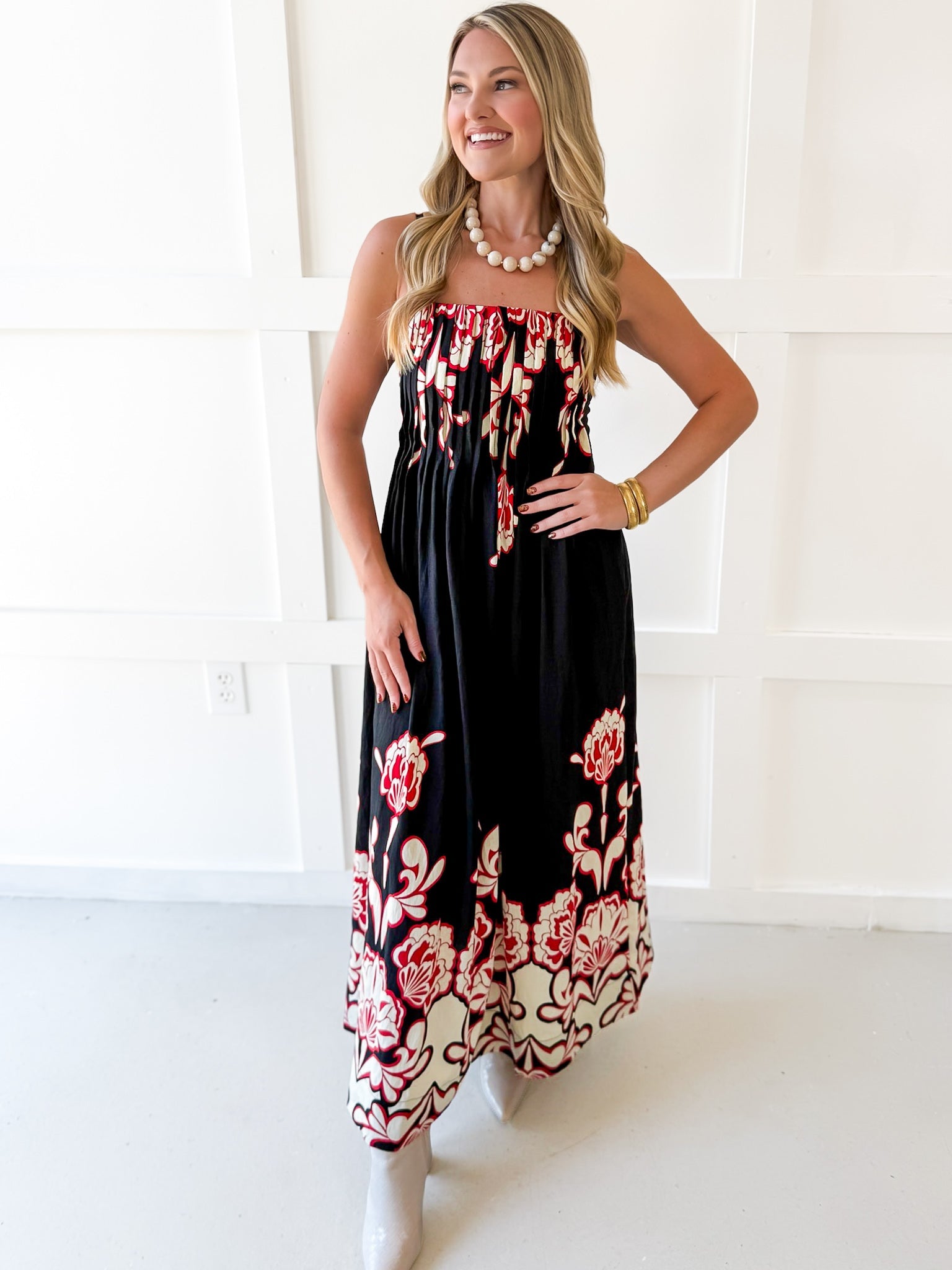 Floral Print Smocked Maxi Dress- Black