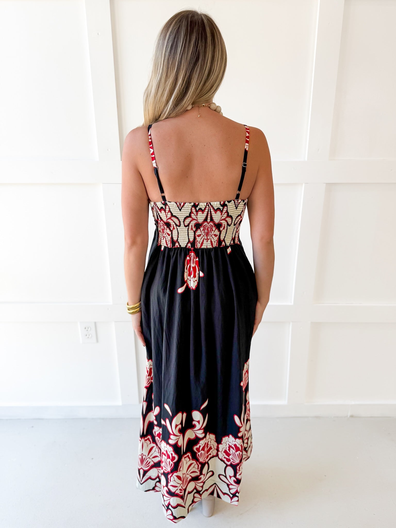 Floral Print Smocked Maxi Dress- Black