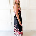 Floral Print Smocked Maxi Dress- Black