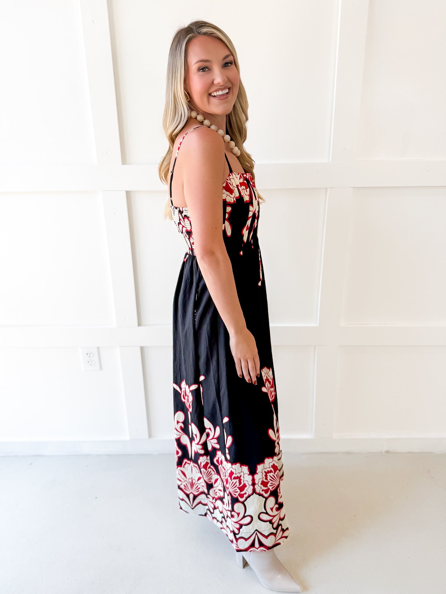 Floral Print Smocked Maxi Dress- Black