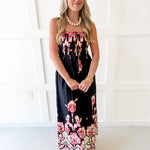 Floral Print Smocked Maxi Dress- Black