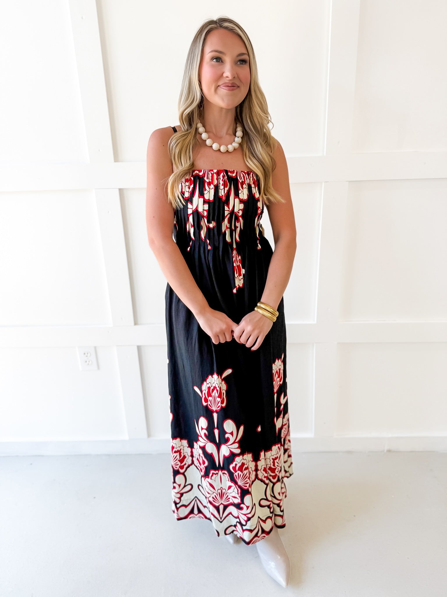 Floral Print Smocked Maxi Dress- Black