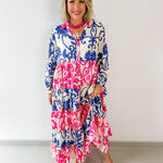 Floral Print Tiered Woven Dress - Pink/Blue