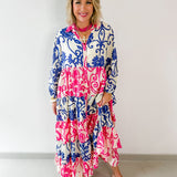 Floral Print Tiered Woven Dress - Pink/Blue