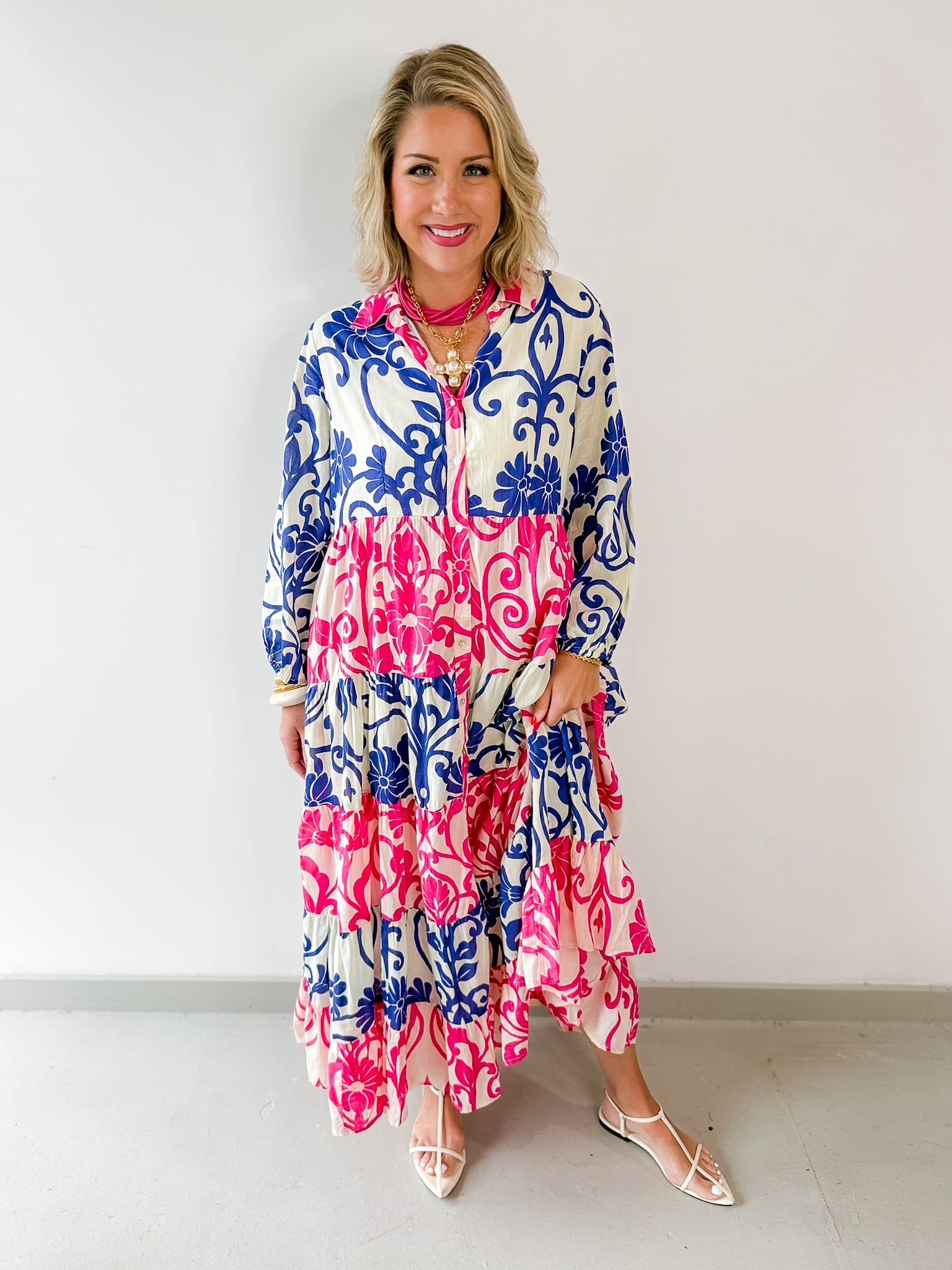 Floral Print Tiered Woven Dress - Pink/Blue