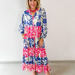 Floral Print Tiered Woven Dress - Pink/Blue