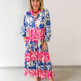 Floral Print Tiered Woven Dress - Pink/Blue