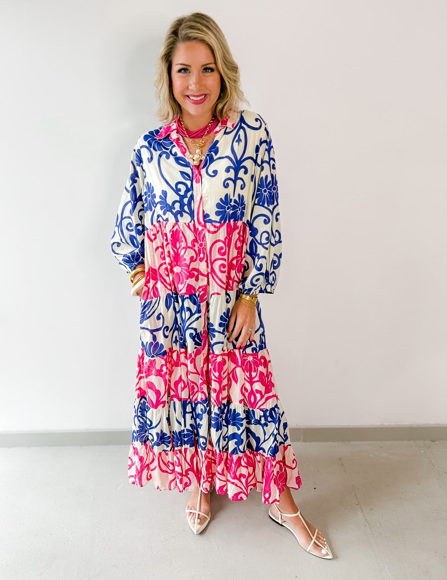 Floral Print Tiered Woven Dress - Pink/Blue