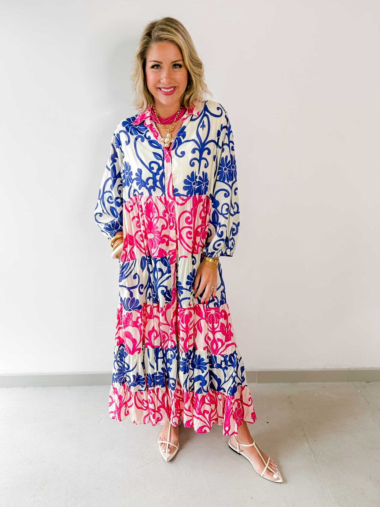 Floral Print Tiered Woven Dress - Pink/Blue