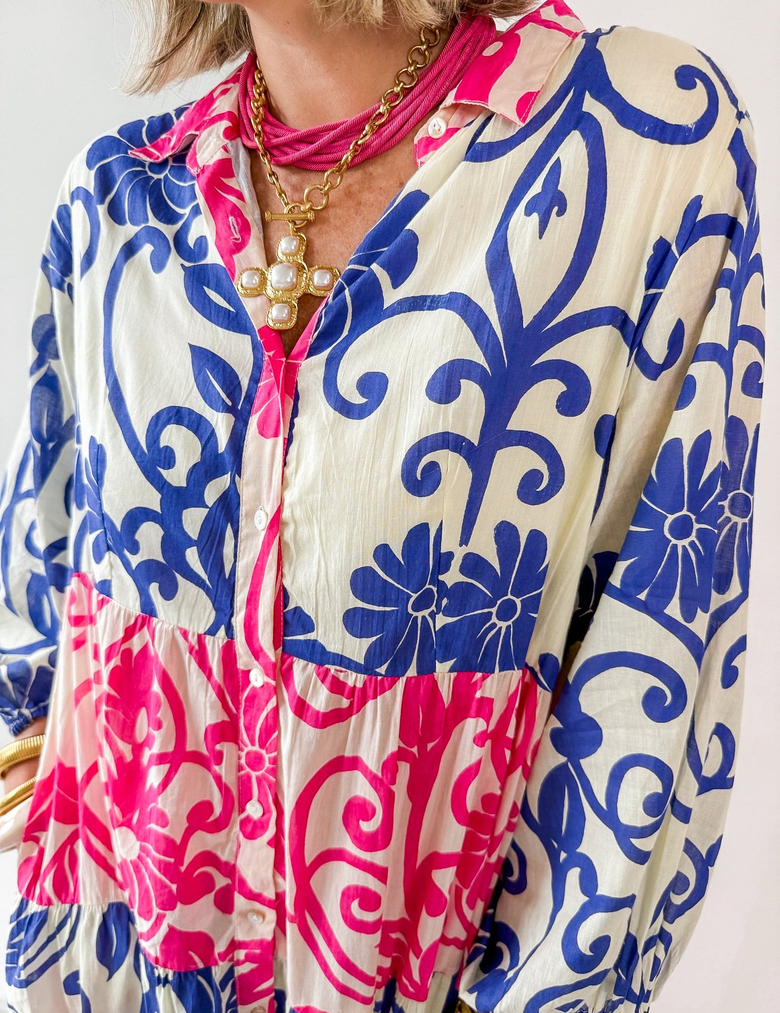 Floral Print Tiered Woven Dress - Pink/Blue