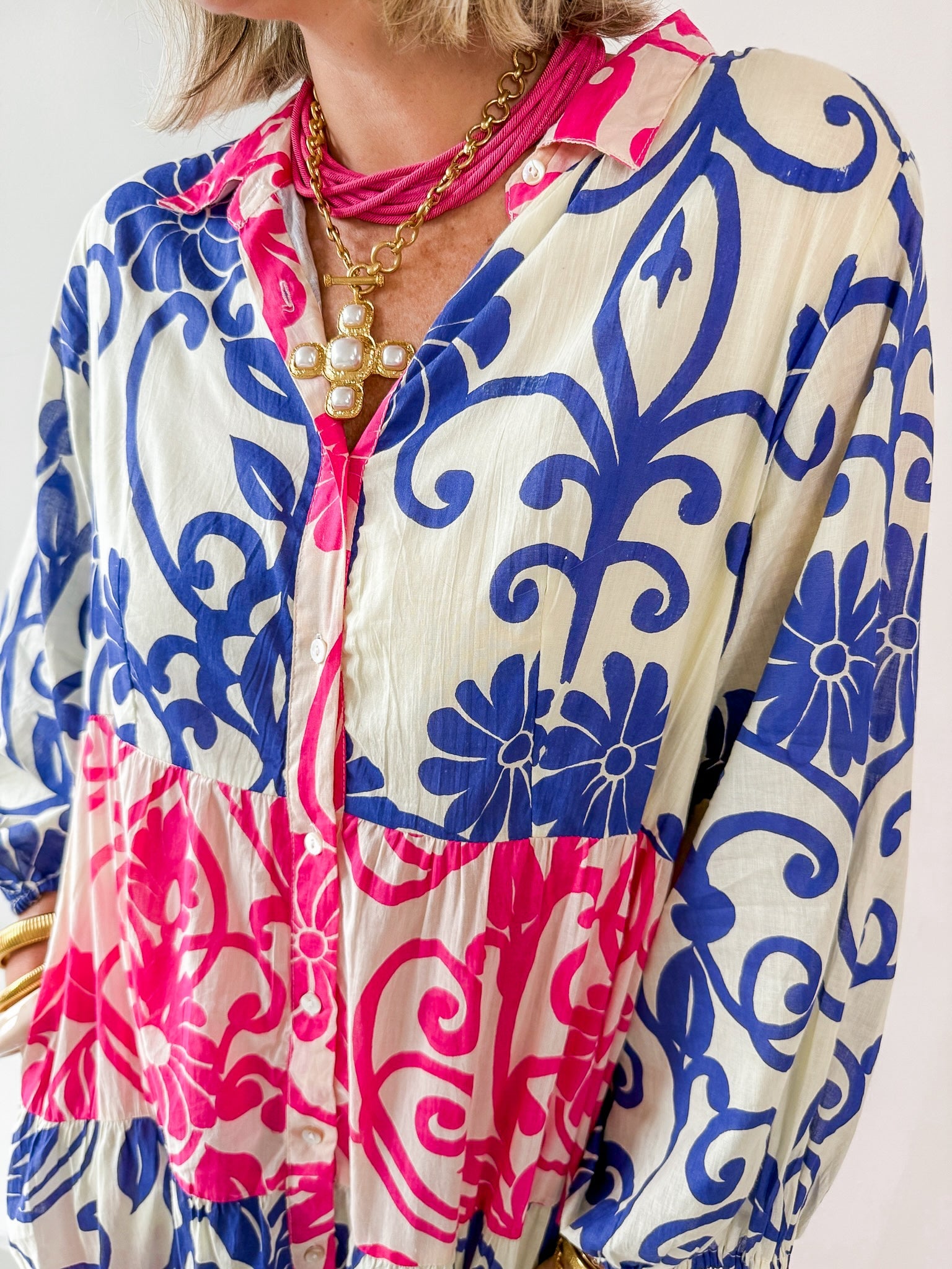 Floral Print Tiered Woven Dress - Pink/Blue
